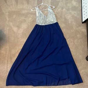 Silver and blue evening v-neck dress